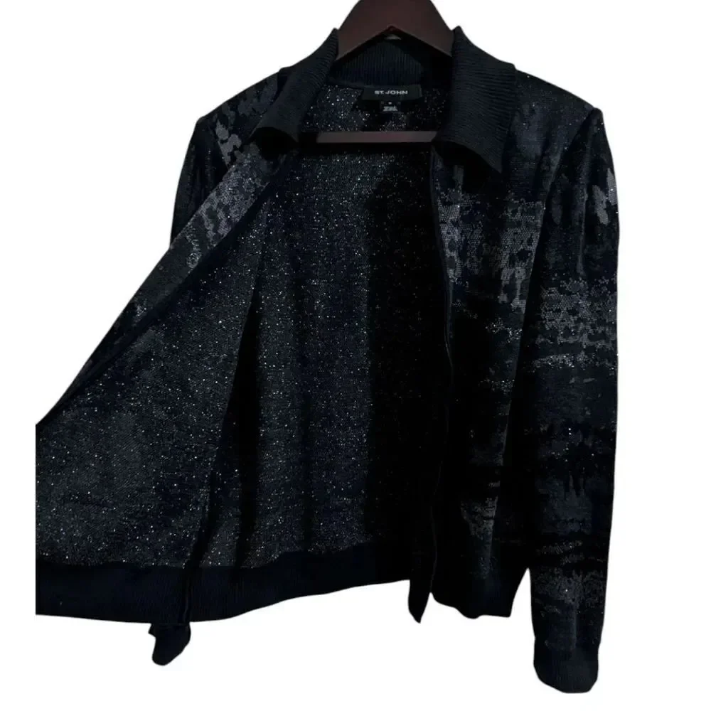St. John Black Glitter Knit Zip Jacket Cardigan M - Abstract Print Wool Blend